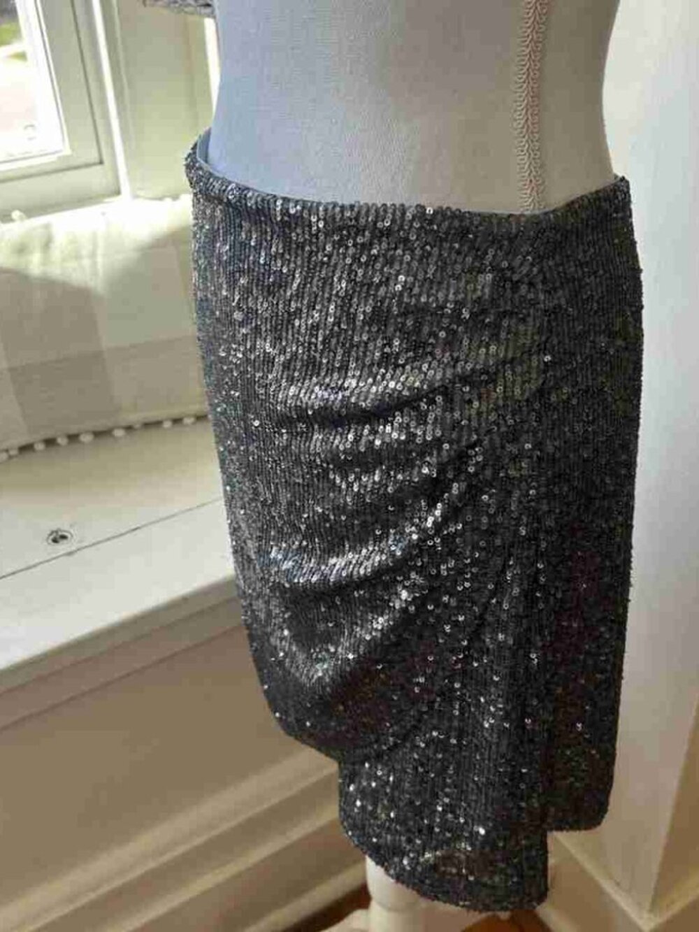 Silver Sequin Mini Skirt Side Ruched Party
